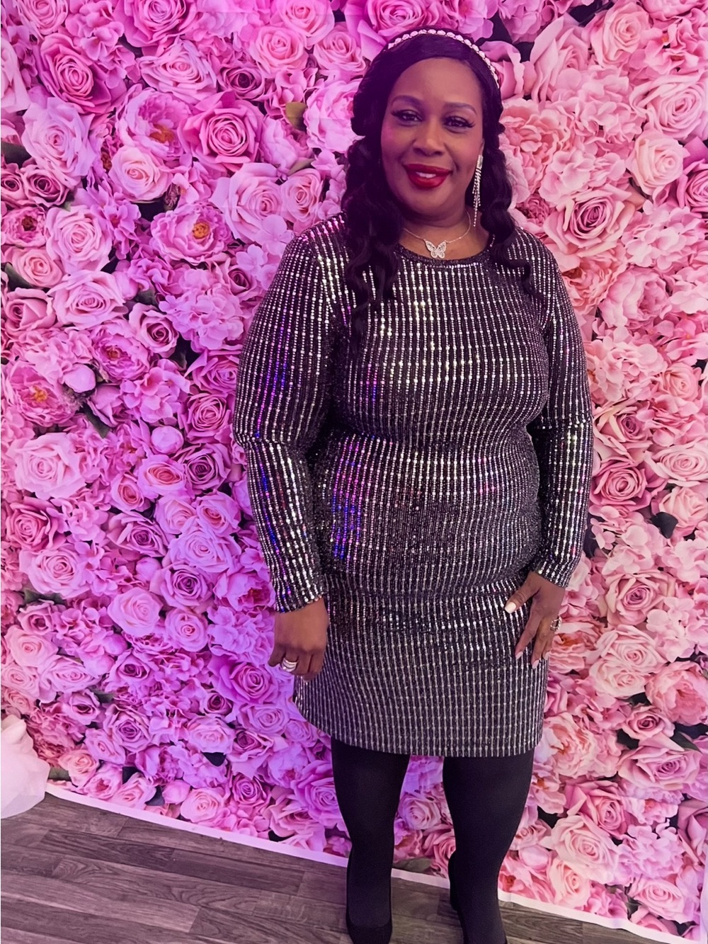 Morgan & Co. Black and Silver Sequin Long-Sleeve Sheath Dress